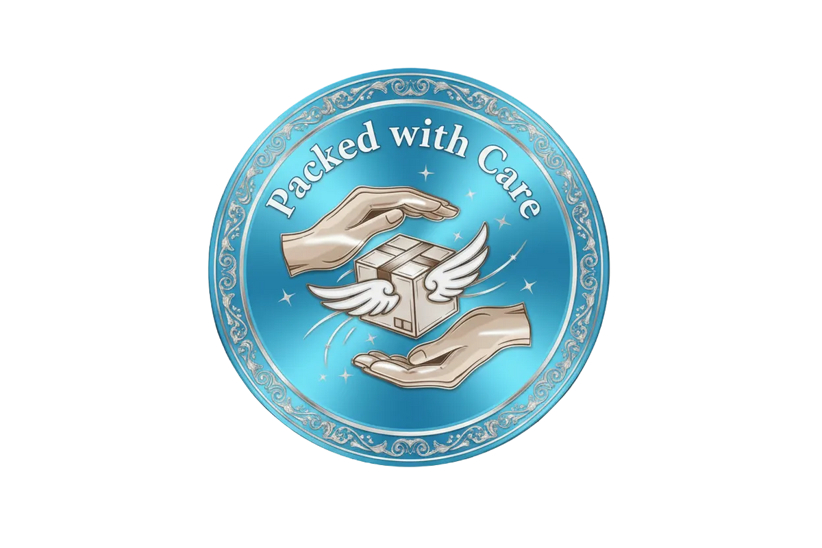 Packed with care badge on a light blue badge with a transparent background